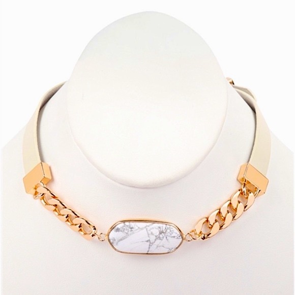 #2490 Genuine Leather Oval Natural Stone Marble Charm Bracelet Choker - Picture 5 of 10